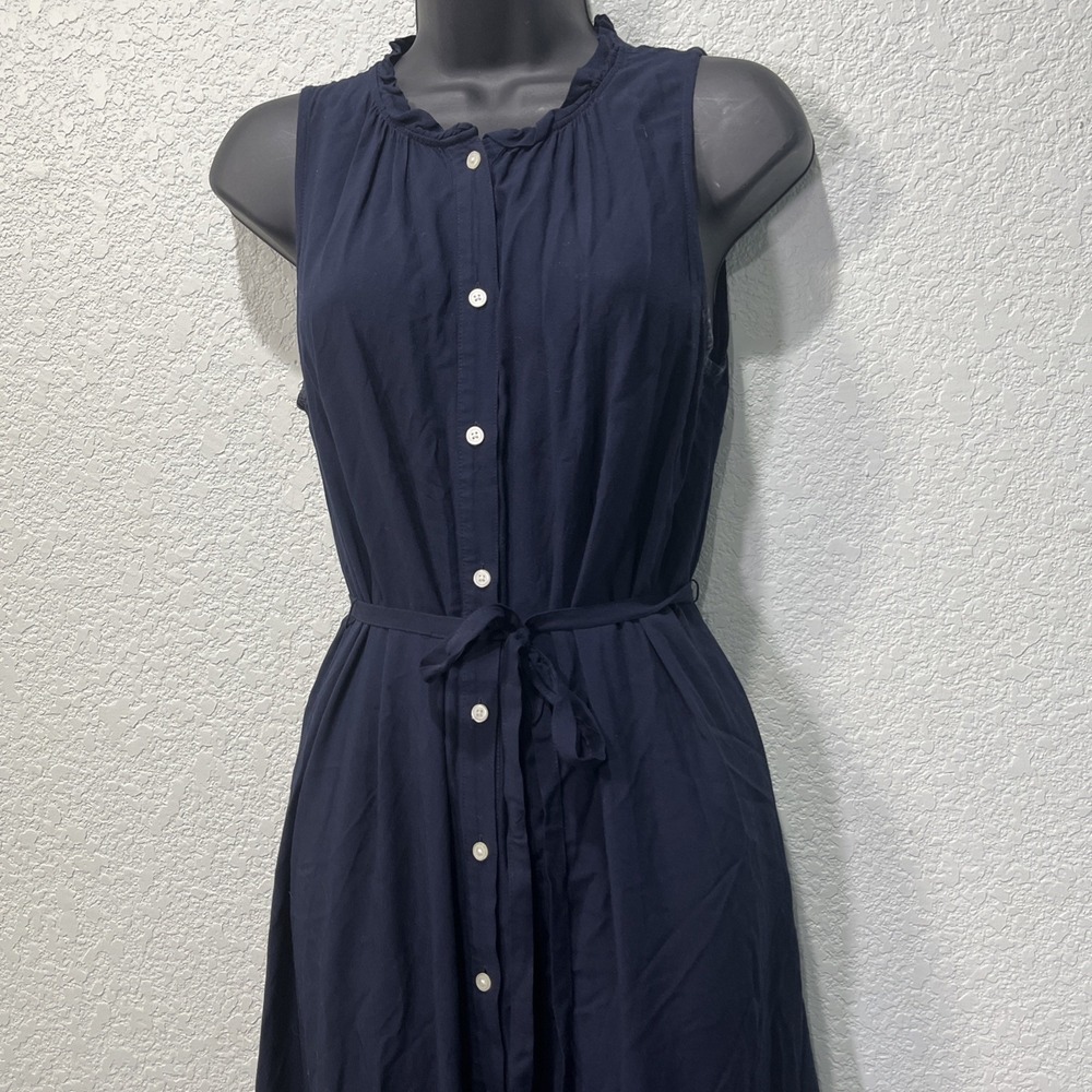 Loft Beach Maxi Dress Womens Small Navy Blue Button Front Tie Waist Tiered Boho - Picture 2 of 6